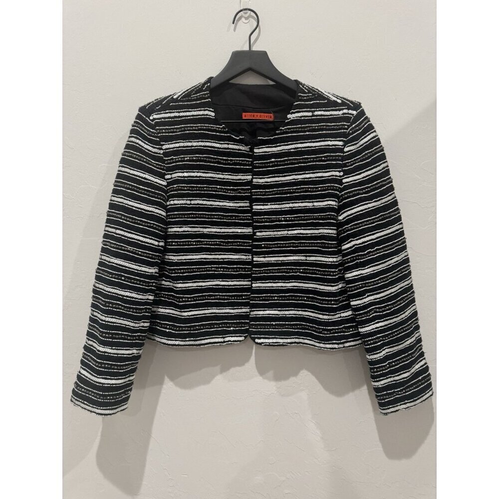 Alice + Olivia Jacket Women's Medium Black White Striped Embellished Sequin Bead - Picture 2 of 11